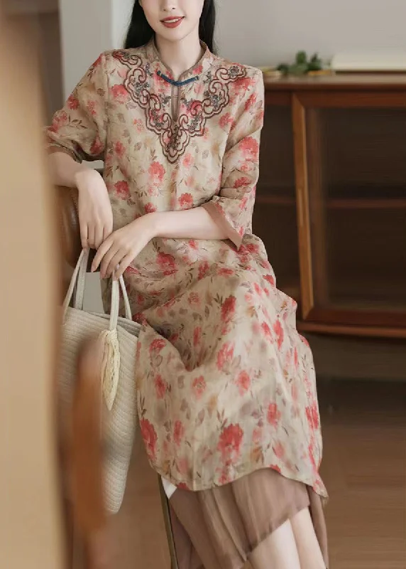Flash Sales Today Women Apricot Embroideried Print Patchwork Linen Dresses Half Sleeve