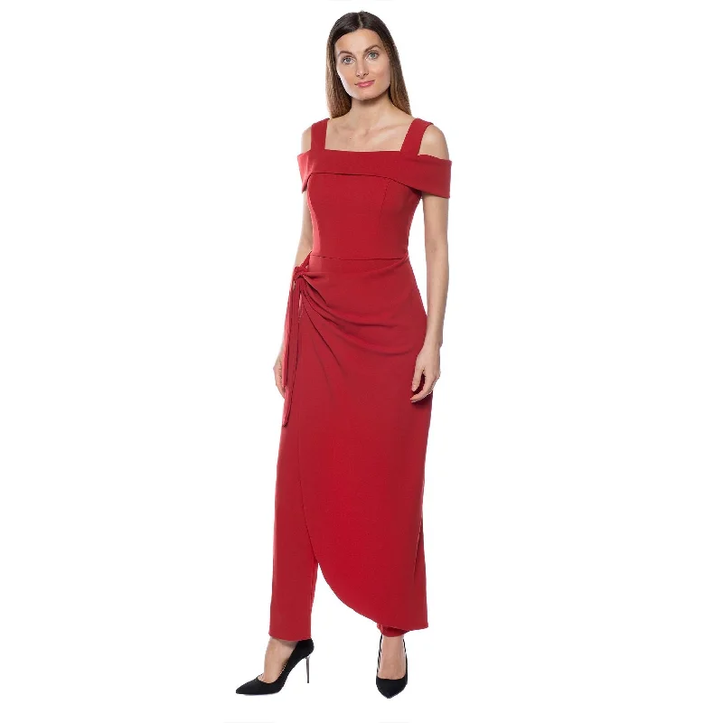 All Season Fashion Collection Marina   Off Shoulder Tie Side Faux Sarong Overlay Crepe Jumpsuit