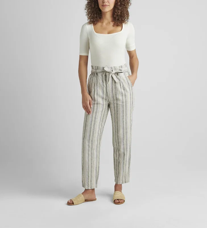 Stupidly Low Prices Belted Pleat High Rise Tapered Leg Pant In Linen Stripe