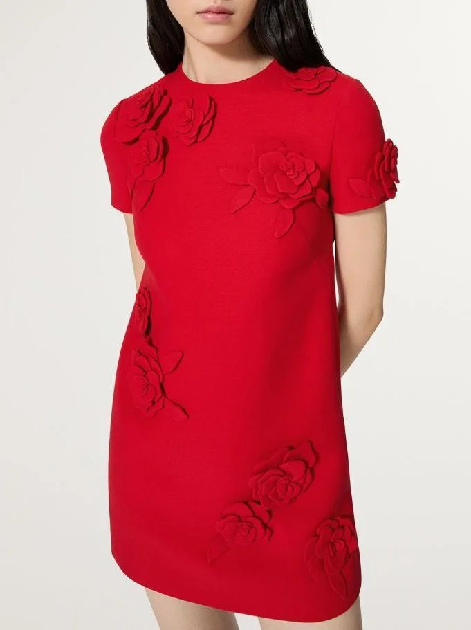 Online Boutiques Affordable Rose-Appliqué Mini Dress in Red