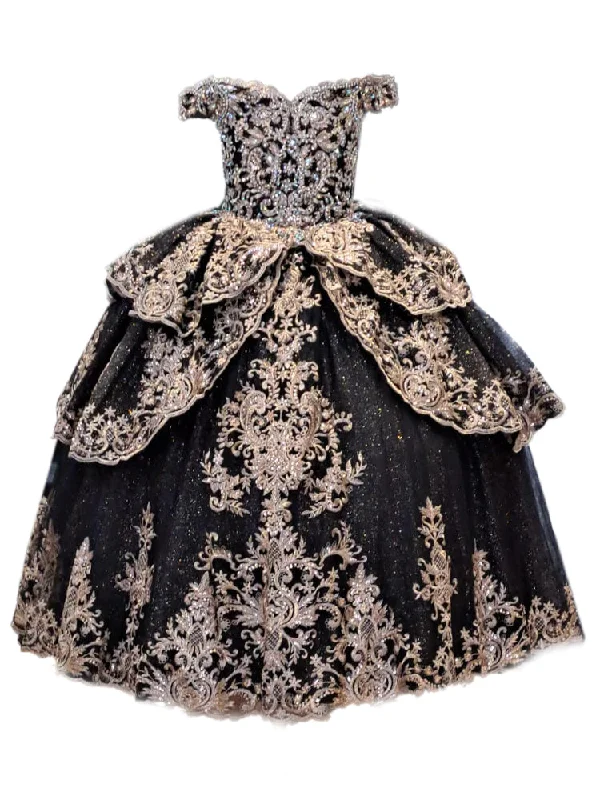 Trendy Women’s Fashion Little Girls Black Glittery Gold Embroidered Off Shoulder Ball Gown 3-6