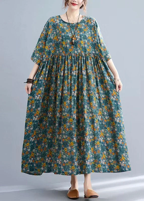 Comfort Centric Apparel Bohemian Yellow Floral O-Neck Cinched pockets Long Dress Long Sleeve