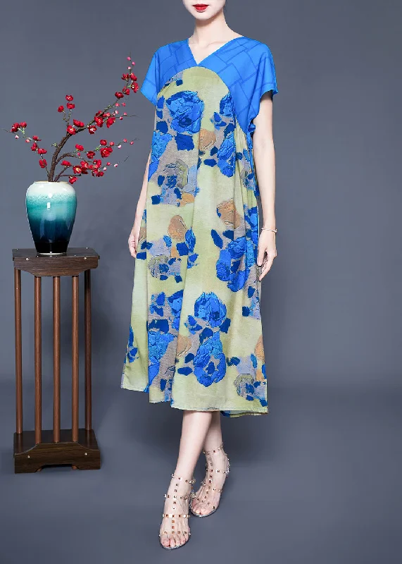 Exclusive Deals Online Casual Blue V Neck Patchwork Print Silk Holiday Dress Summer
