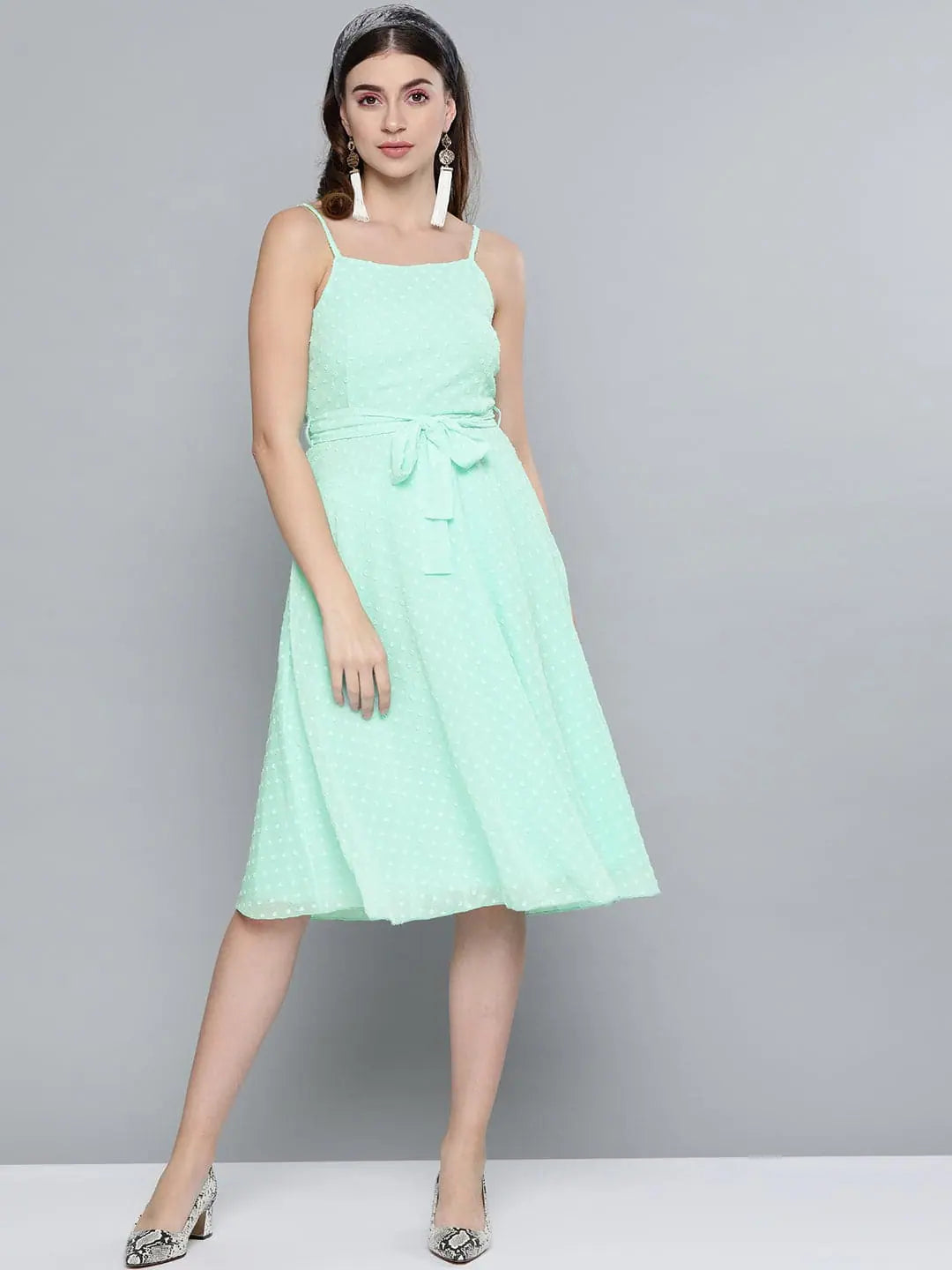 Trend Setting Wardrobe Mint Green Dobby Strappy Belted Midi Dress