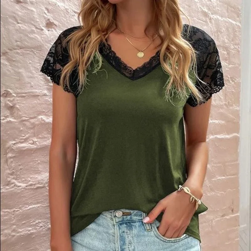 Best Sellers JuliaFashion - 2024 Women Patchwork Hollow Out Vintage Loose Casual Tee Clothes