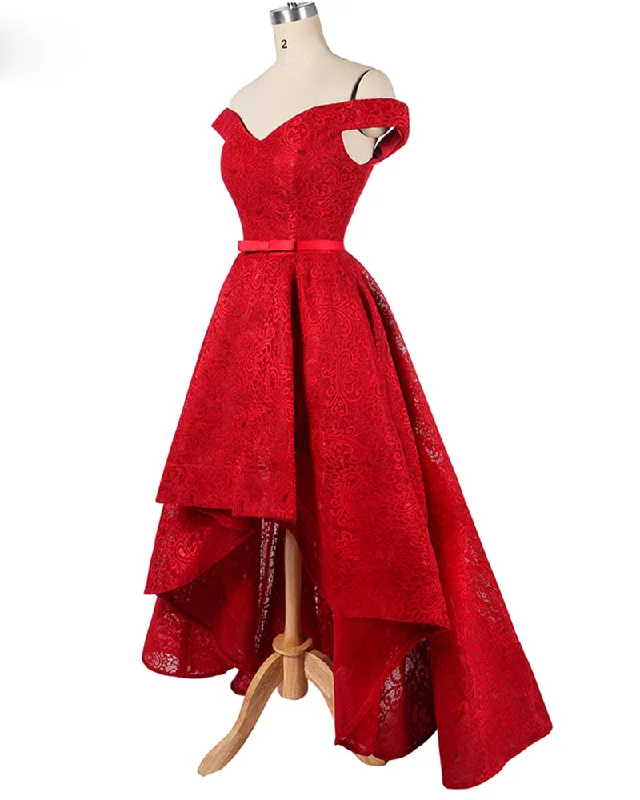 Outfits For Women Off the Shoulder Red  Prom Dresses High Low Girls Lace Formal party Gown LP214