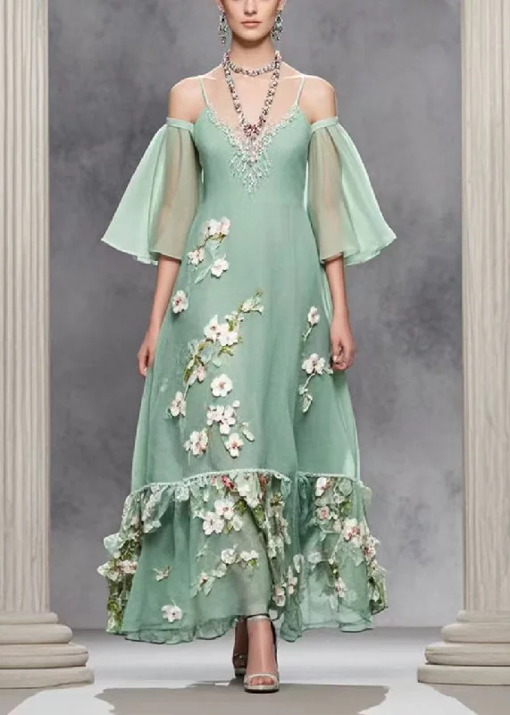 Stylish Statements Bohemian Green Cold Shoulder Three-dimensiona Floral Chiffon Dresses Summer