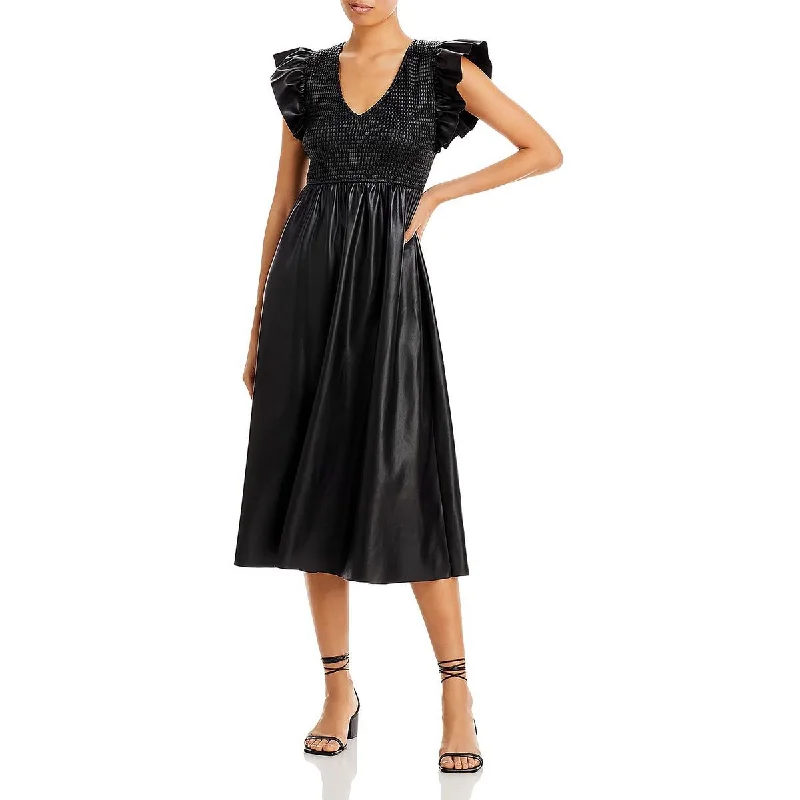 Flash Sales En Saison Womens Faux Leather Flutter Sleeve Midi Dress