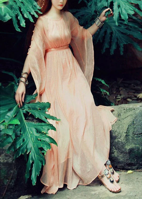 Women's Athletic Garments Boutique Orange Pink O-Neck Tie Waist Exra Large Hem Silk Robe Dresses Batwing Sleeve