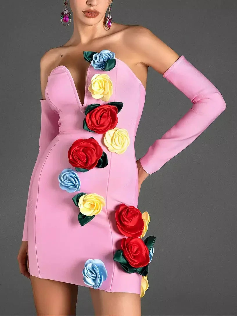 Trendy Fashion For Women Multicolored Rose Applique Pink Strapless Mini Dress
