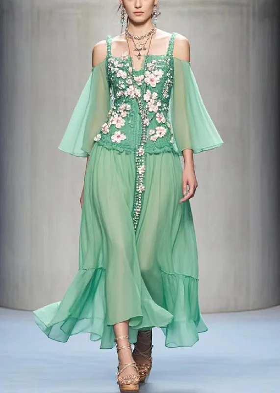 Casual Yet Stylish Separates Style Green Cold Shoulder Three-dimensional Floral Chiffon Dress Summer