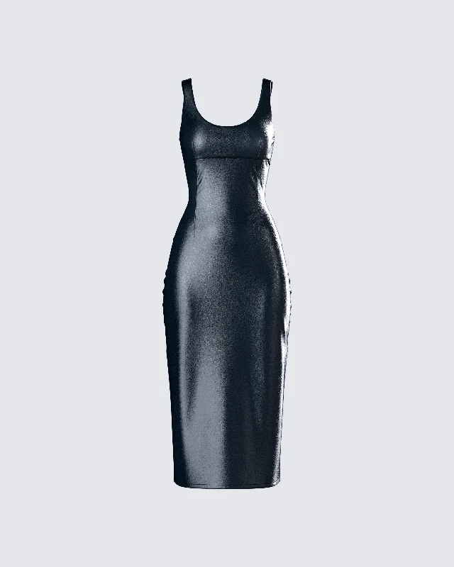 Chic And Trendy Maia Black Vegan Leather Midi Dress