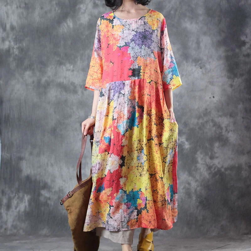 Season Sale Fine floral long linen dresses casual o neck pockets caftans New half sleeve baggy dresses kaftans