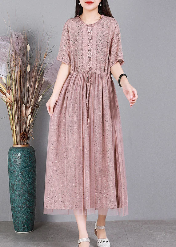 Trend Alert Pink O-Neck Embroideried Floral Tulle Long Dresses Summer