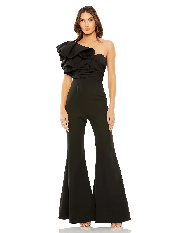 Dive Into Trendy Styles Mac Duggal 27460 One Shoulder Ruffle Detail Flare Jumpsuit