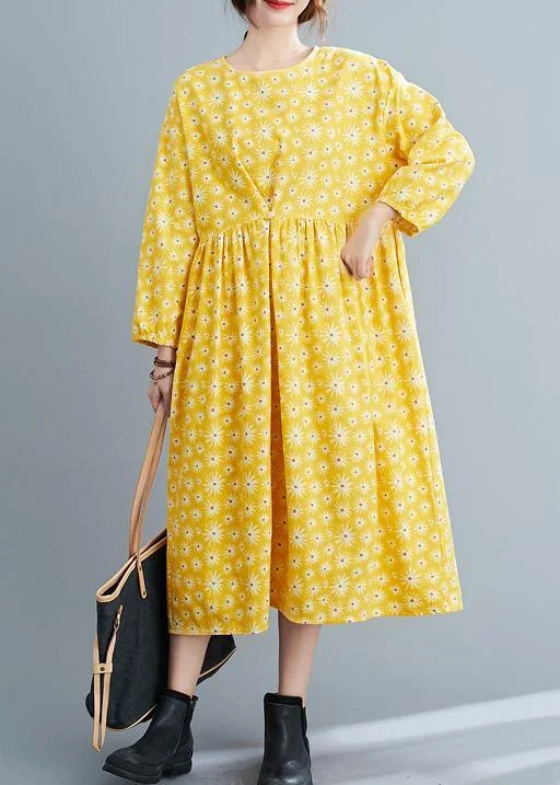 Evening Elegance Loose Yellow Floral O Neck Cinched Art Spring Dresses