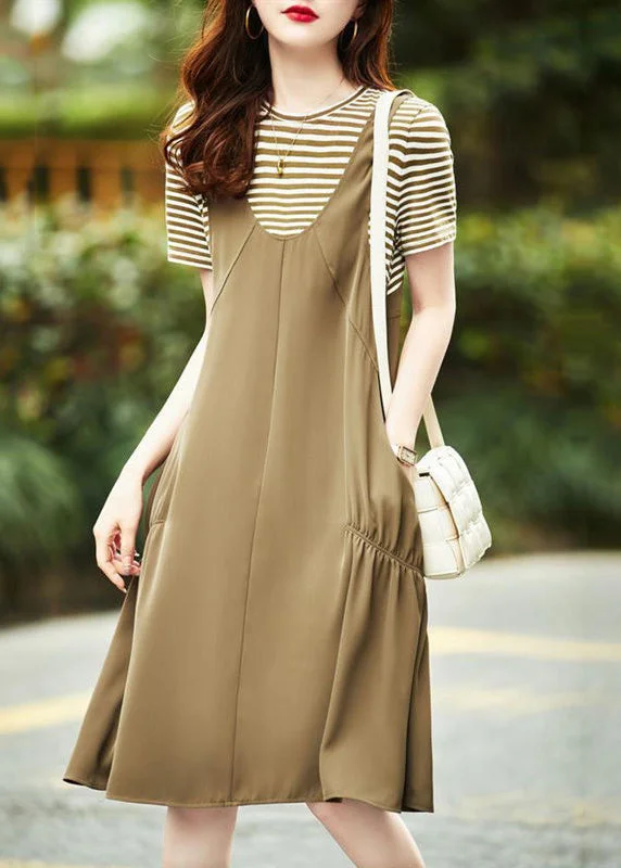Women's Fashion Sale – Elegant Styles At Reduced Prices Casual Khaki O Neck Pockets Patchwork Cotton Dresses Summer