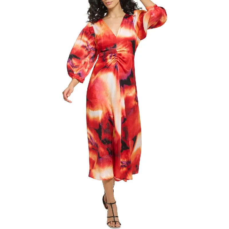 Unleash Your Trendy Side DKNY Womens Printed Puff Sleeves Midi Dress