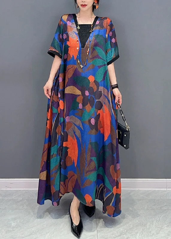 Break Fashion Norms Natural Colorblock V Neck Print Patchwork Cotton Dress Short Sleeve