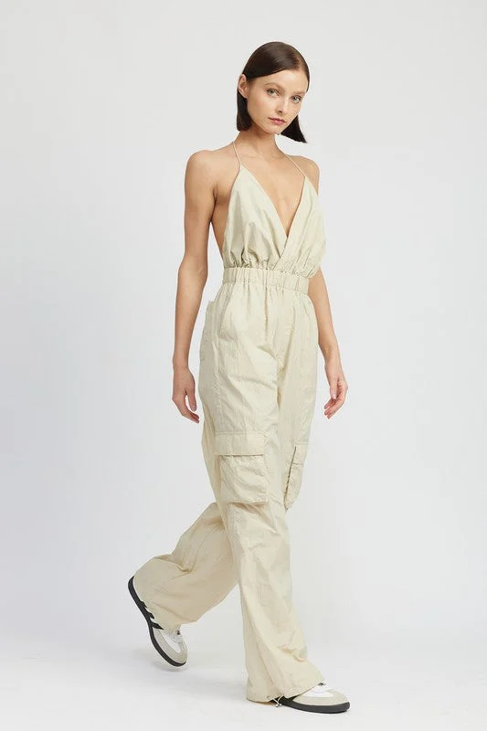 Day To Night Styles Spaghetti Strap Cargo Jumpsuit
