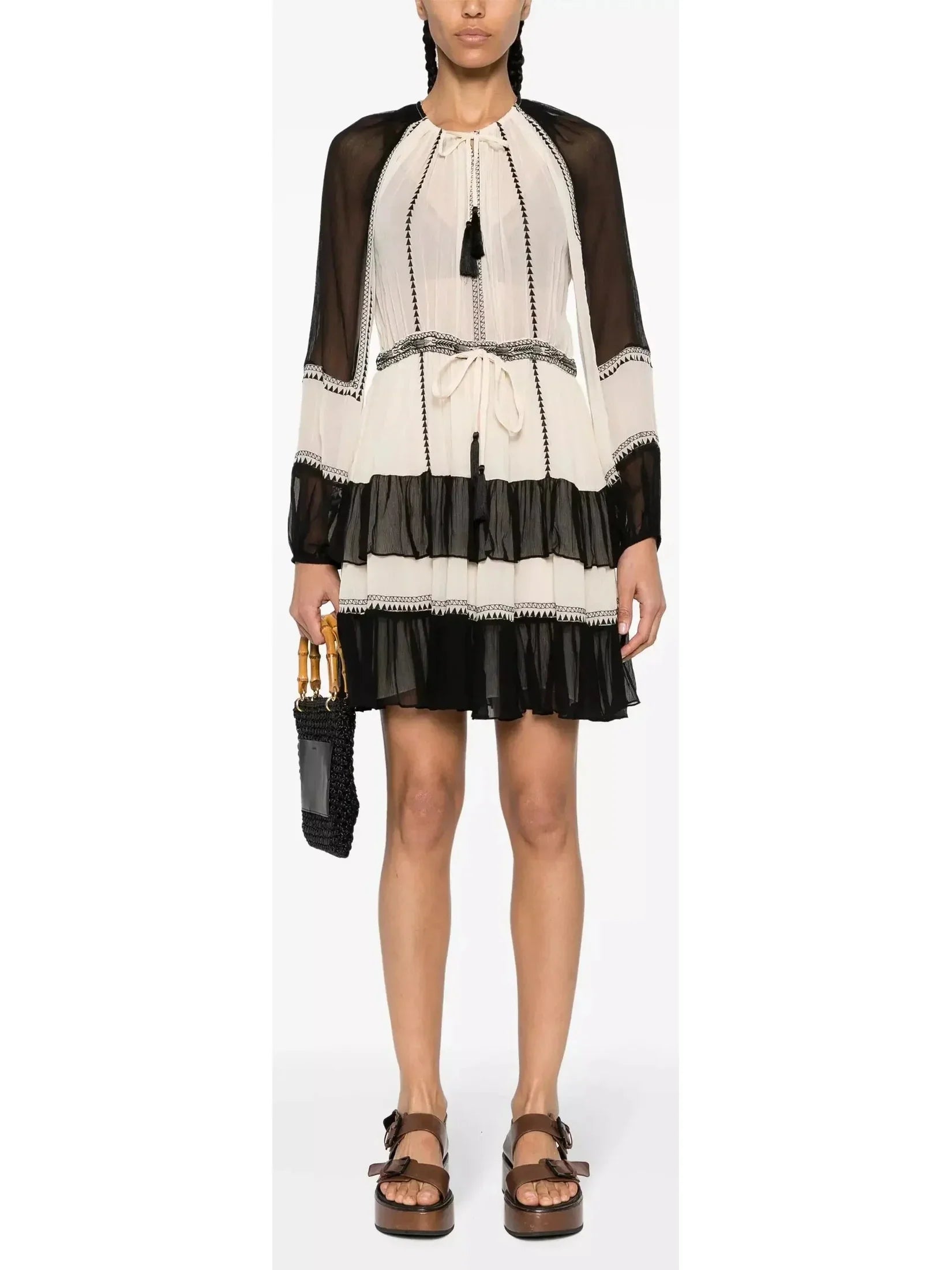 Chic Style Black and White Silk Tiered Mini Dress