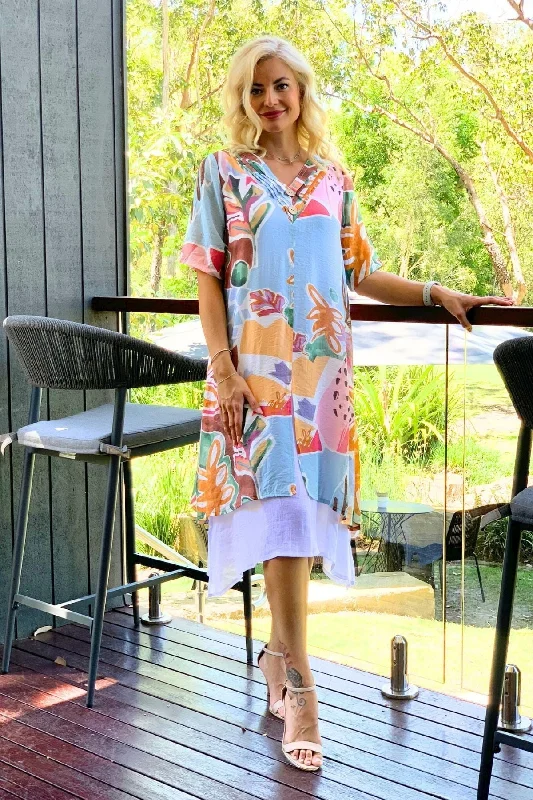 Clearance Event Sky Blue Floral Print Summer Tunic Dress