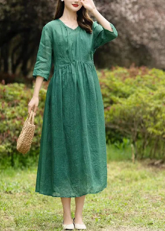 Chic Style, Always In Vogue Natural Green V Neck Embroideried Patchwork Linen Dresses Summer Chic Style, Always In Vogue Natural Green V Neck Embroideried Patchwork Linen Dresses Summer