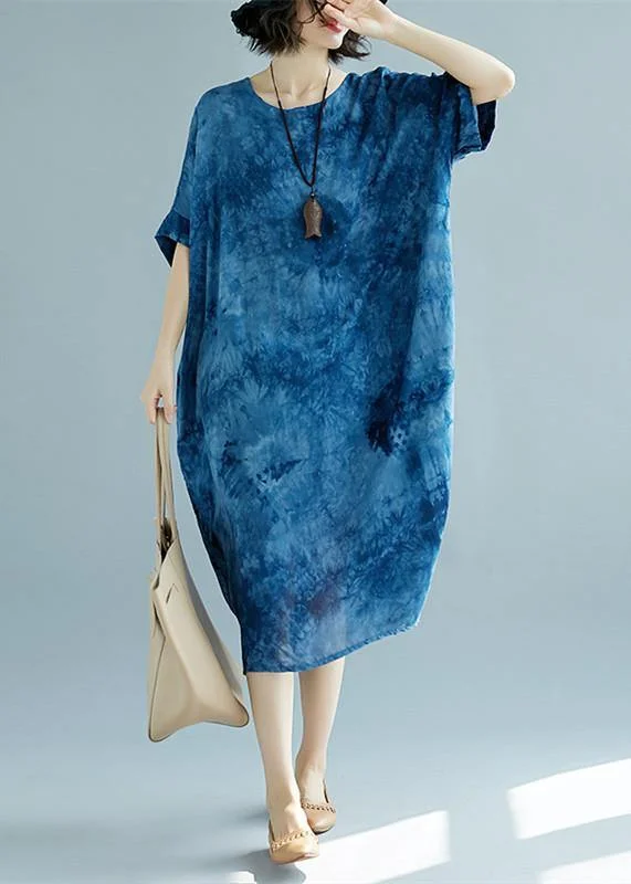 Fashion Sale 2024 blue long linen dress plus size O neck floral linen clothing dresses casual short sleeve baggy dresses linen caftans