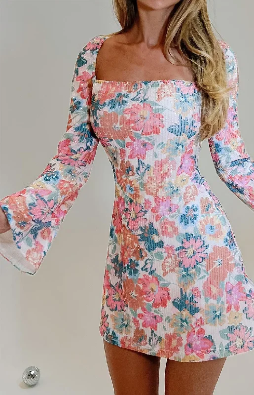 Versatile Wardrobe Essentials Marienne Pink Sequin Floral Print Mini Dress