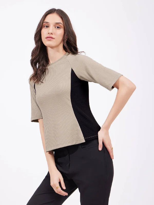 Easygoing Women’s Style Rib Knit Colour Block Tee - Beige And Black