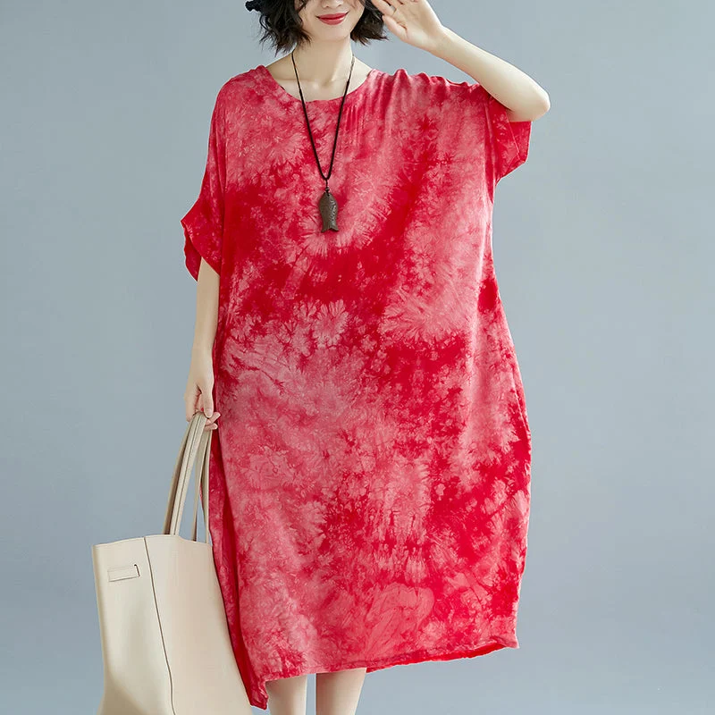 Your Timeless Wardrobe Awaits baggy red linen dresses oversize O neck floral linen gown Elegant short sleeve baggy dresses linen caftans