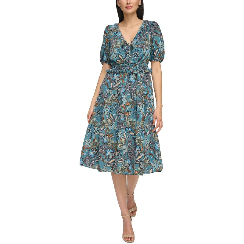 Premium Fabrics Vince Camuto Womens Printed Smocked Midi Dress