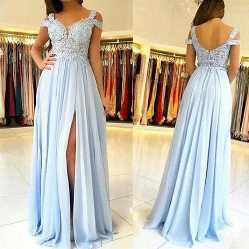 Fashion Women's Clothing Light Blue Drop Shoulder Slit Chiffon Lace Prom Dress Graduation Long Formal Wear Girls Party Gown LP0515