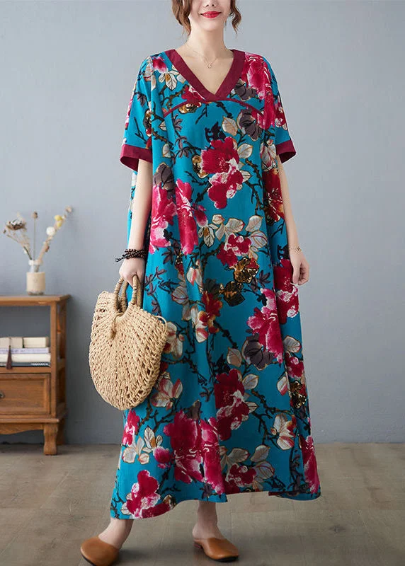 Limited-Time Discounts On Stylish Women's Clothing Elegant Blue V Neck Patchwork Print Cotton Dresses Short Sleeve