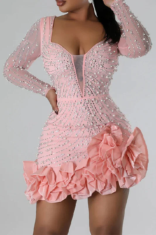 Women’s Clothing for All Occasions Rhinestone & Beaded Decor Elegant Ruffled Mini Dress