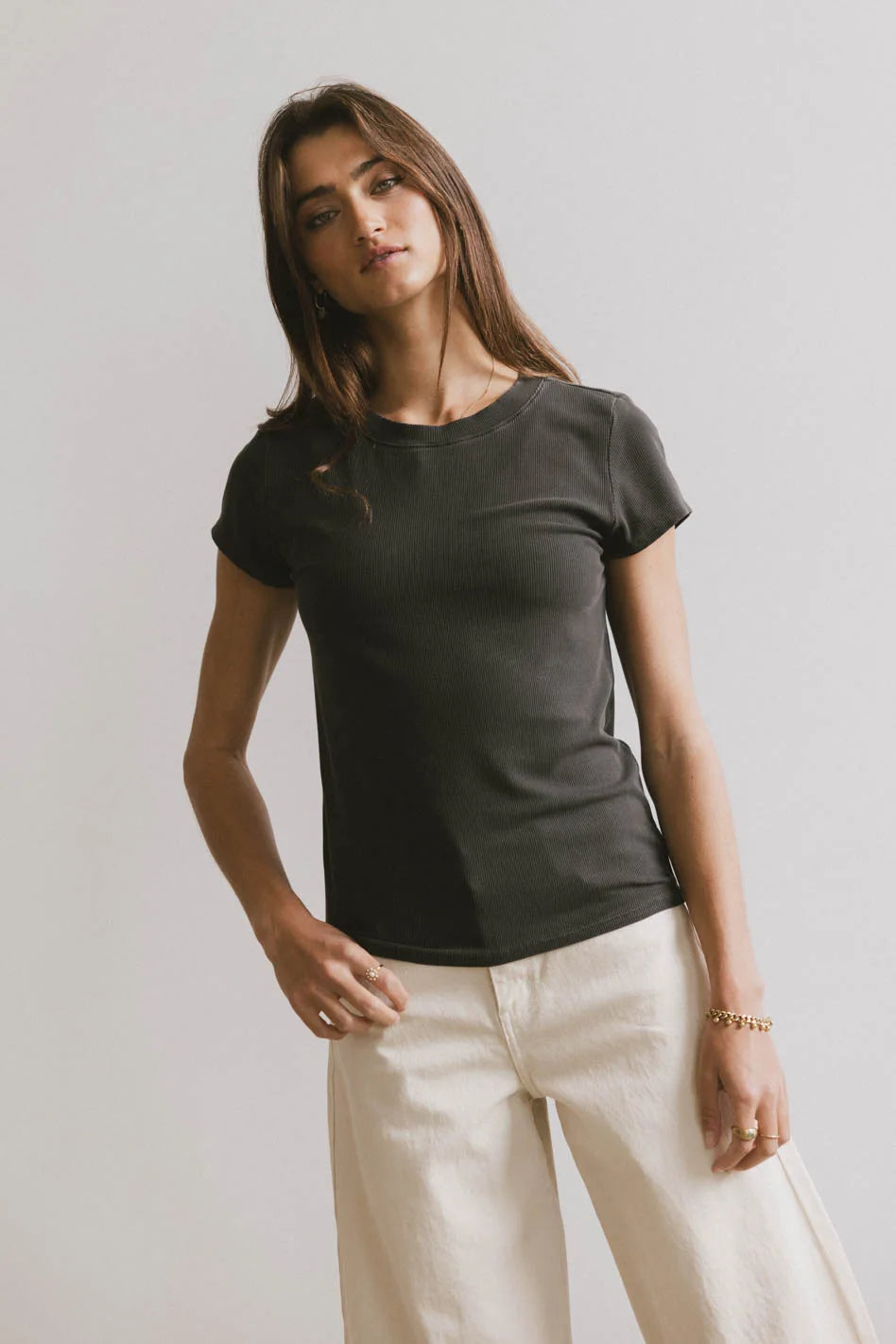 Huge Markdowns Opal Ribbed Tee in Charcoal