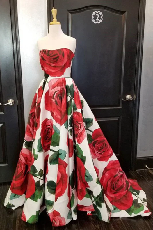 Fresh Styles, Fresh Deals Princess Strapless Sleeveless Floral Long Prom Dresses Sweep Train Ruched Graduation Dresses N836