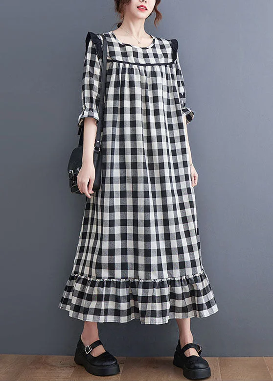 Saturday Savings – Your Favorite Items On Sale Women Grey Plaid Ruffled Patchwork Ruffles Cotton Dresses Summer