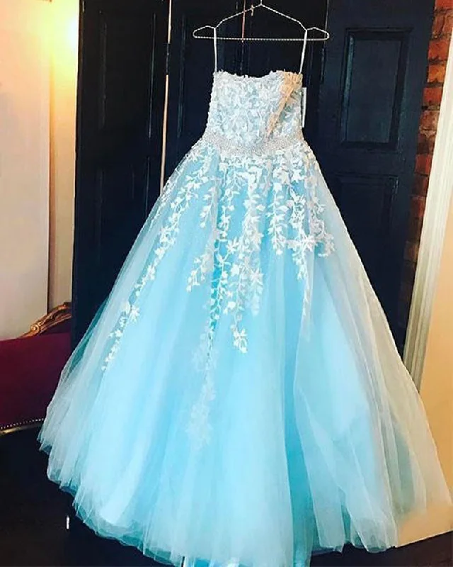 Women's Clothes Sweetheart Prom Dress Blue Girls Formal Gown With White Lace