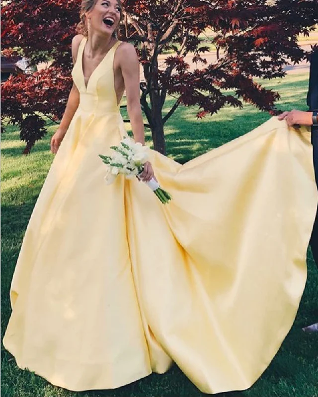 Online Clothing Boutiques Elegant yellow/Blue/Pink V Neck Party Gown Senior Girls Prom Long Dresses PL414