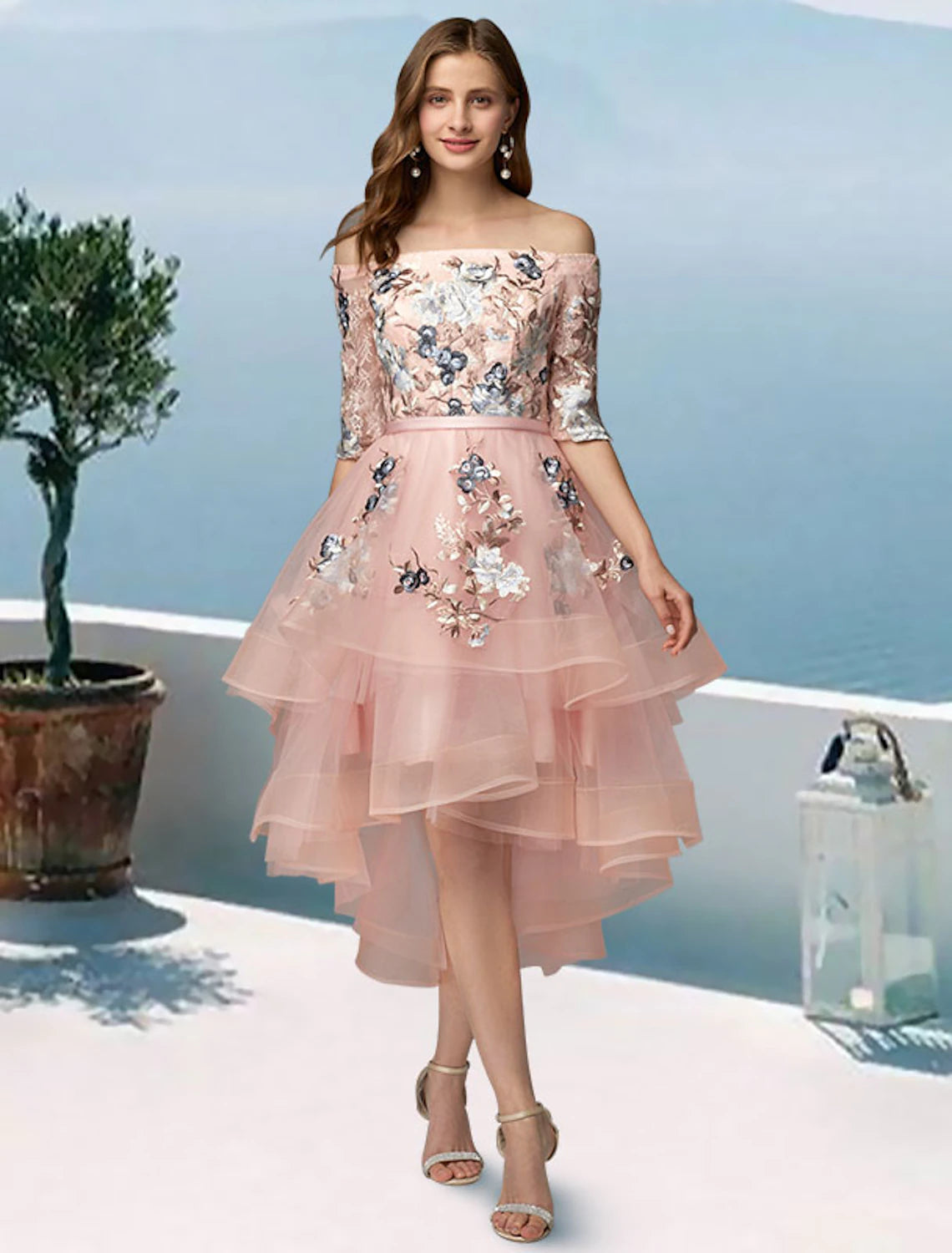 Limited Time Offers A-Line Prom Dresses Floral Dress Evening Party Wedding Party Asymmetrical Half Sleeve Off Shoulder Satin with Embroidery Appliques Limited Time Offers A-Line Prom Dresses Floral Dress Evening Party Wedding Party Asymmetrical Half Sleeve Off Shoulder Satin with Embroidery Appliques