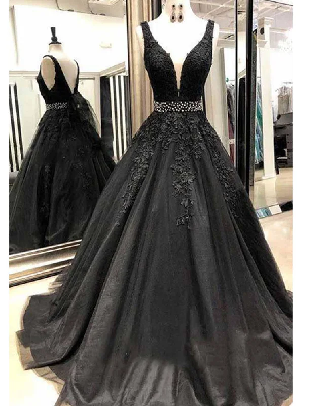 Elegant Women’s Clothing Siaoryne Black Lace Girls Senior Prom Dresses Long with Beading Belt V Neck Formal Gowns PL6522