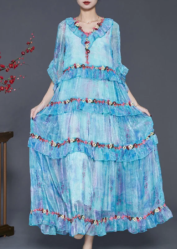 Seasonal Fashion Modern Blue Ruffled Floral Chiffon Robe Dresses Spring