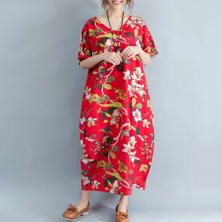 Eclectic Style Wardrobe New red linen dress oversized floral cotton maxi dress Elegant short sleeve gown