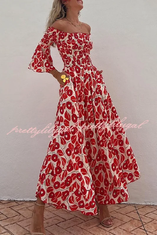 Final Sale Close To The Vacation Floral Print Smocked Off Shoulder Pocketed Maxi Dress