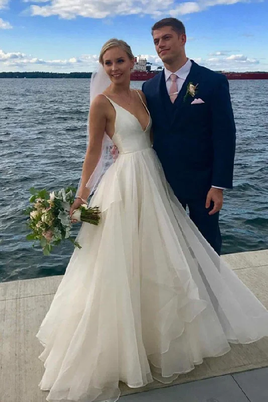 End Of Season Sale Roycebridal Simple Ivory A-line V-neck Backless Wedding Dresses, Beach Wedding Dress, MW557