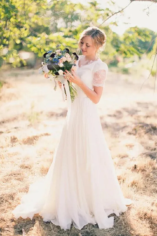 Online Boutiques Clothing Roycebridal Chiffon A-line Short Sleeves Boho Wedding Dresses, Lace Wedding Gown, MW838