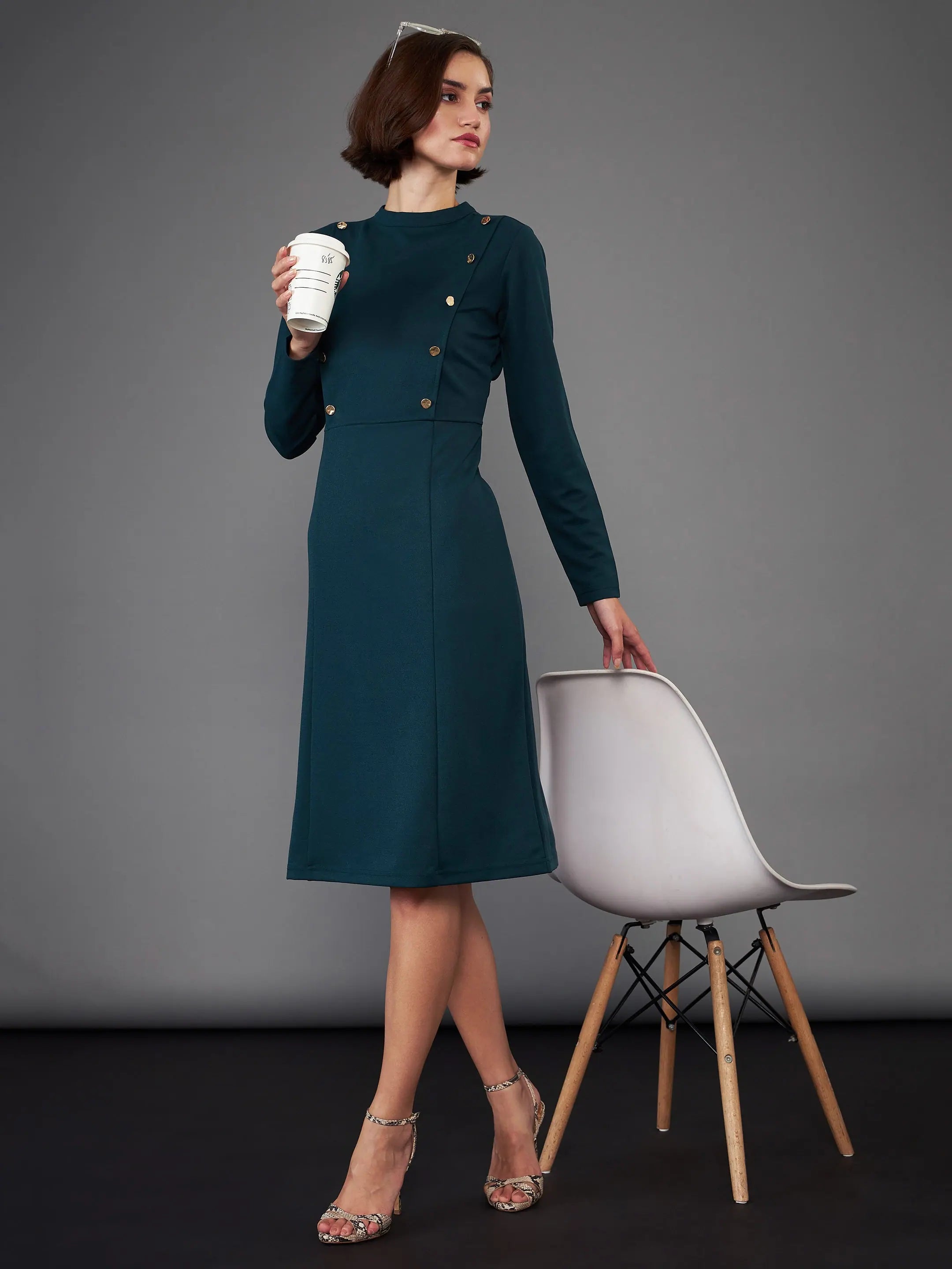 Early Bird Offer Women Green Button Yoke Belted Midi Dress