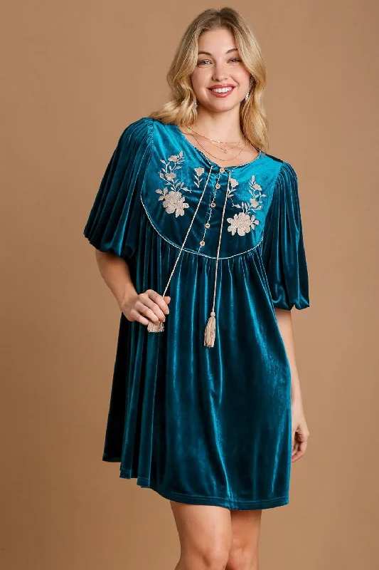 Limited Styles Umgee Embroidered Half Sleeve Velvet Mini Dress with Tassel