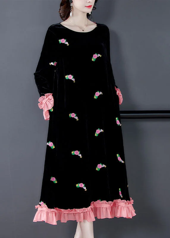 Fashion Forward French Black Embroideried Floral Velour Dress Spring